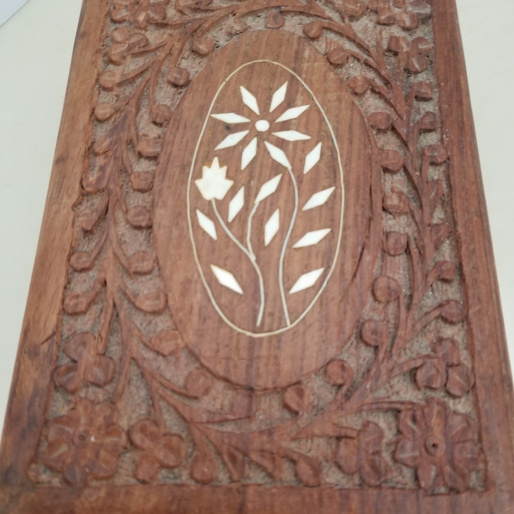 Carved Wooden Box with Floral Inlay